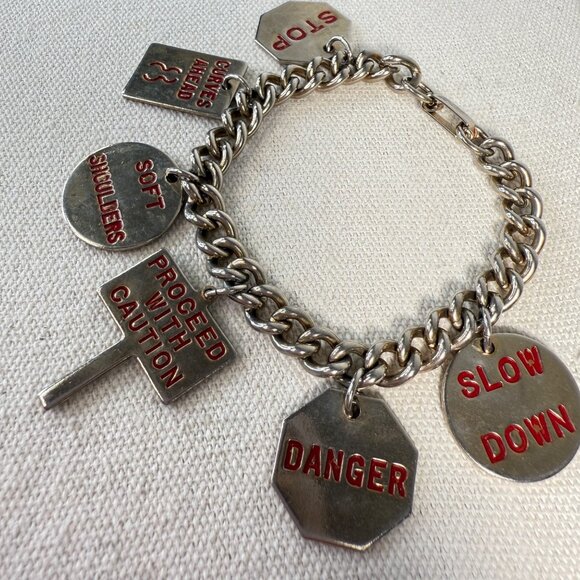 Vintage Road Sign Charm Bracelet With STOP Danger & Slow Down Charms Silver Tone - Picture 1 of 8